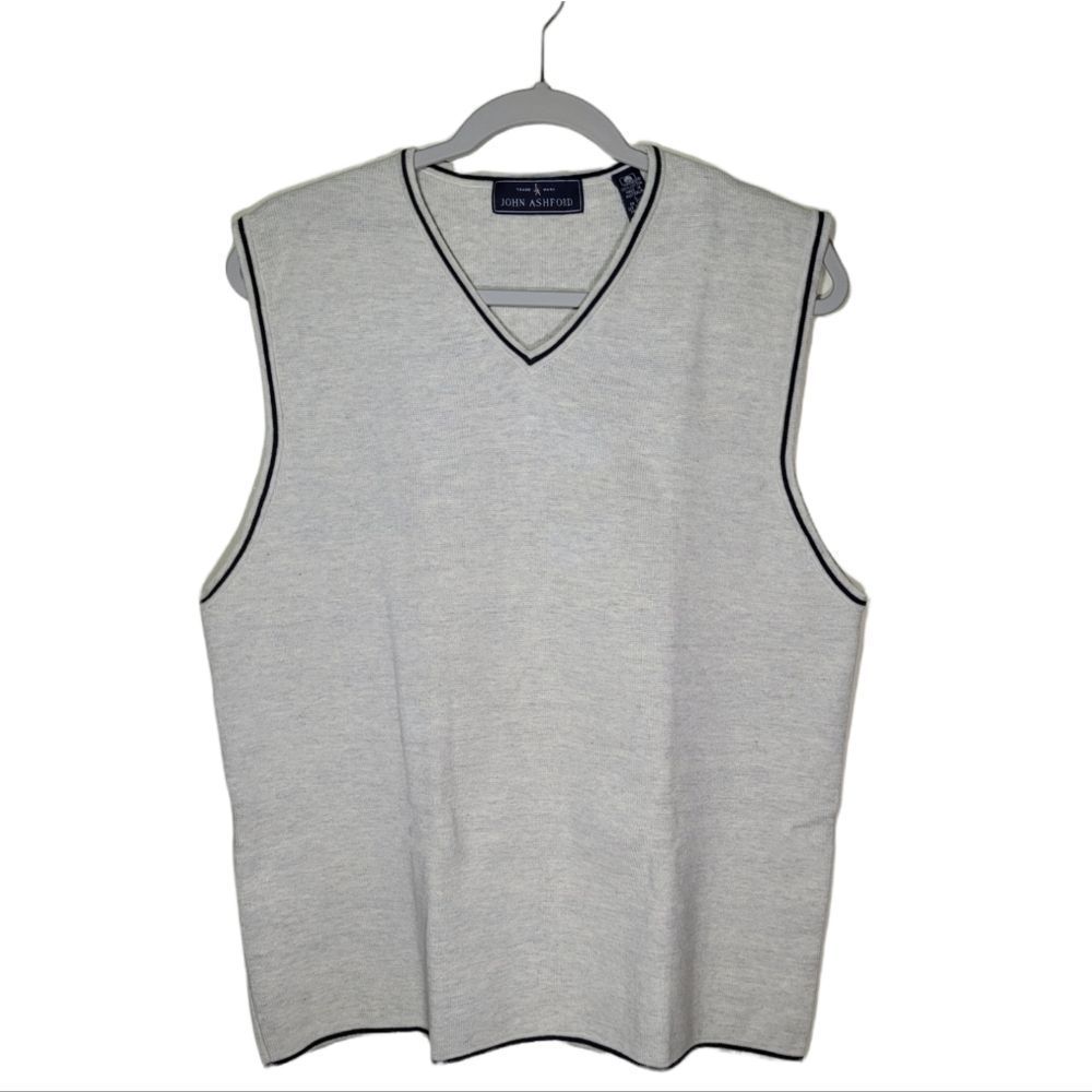John Ashford Men's Sleeveless V-neck White Golf Vest Cotton Knit Sweater Size L